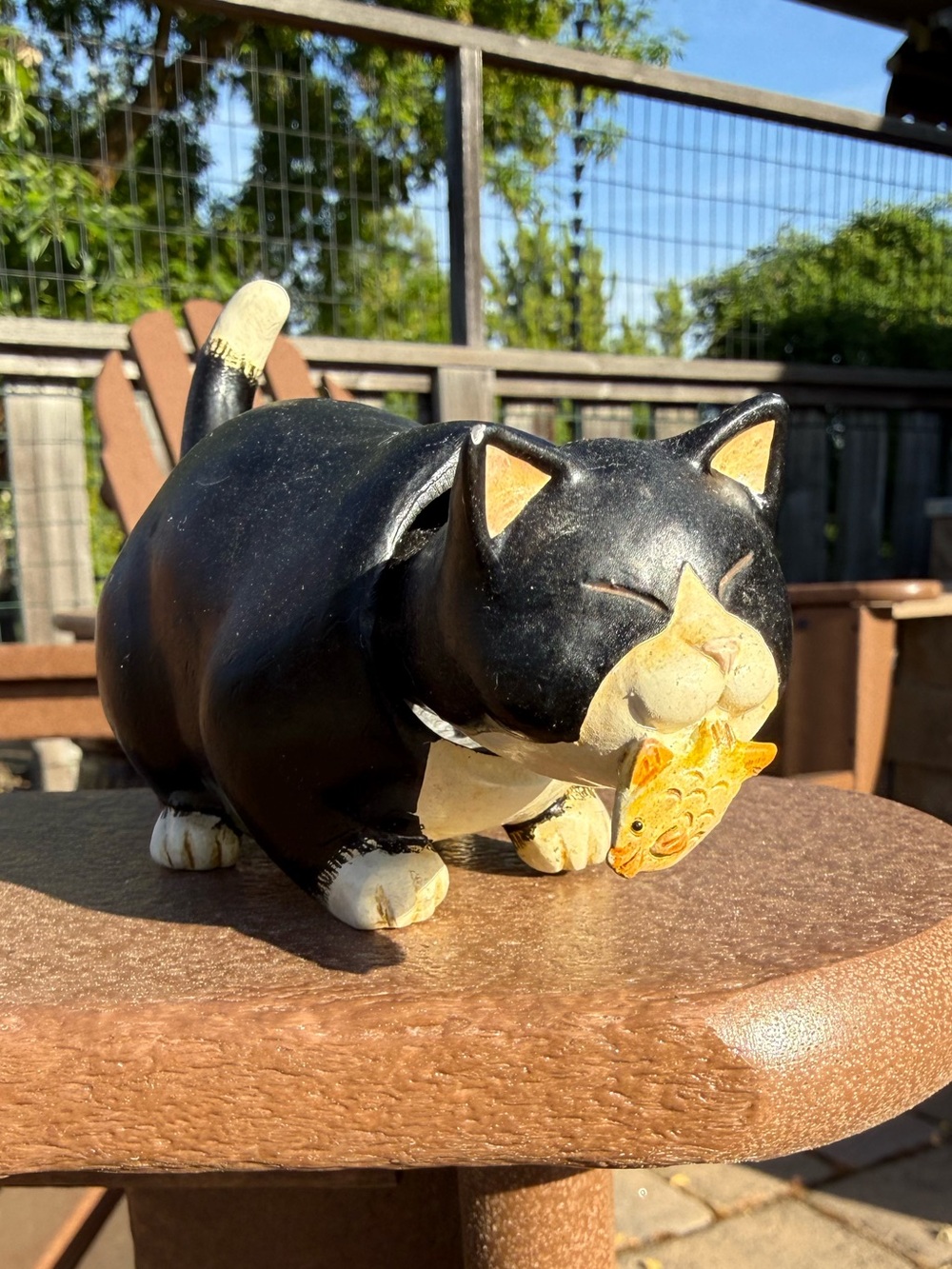 Vintage Tuxedo Bobblehead Cat Figurine with Goldfish Collectible Decorative